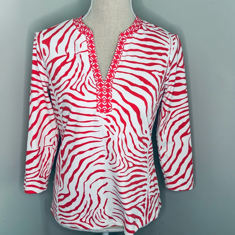 J McLaughlin hot pink & white zebra print V-neck 3/4 sleeve size XS